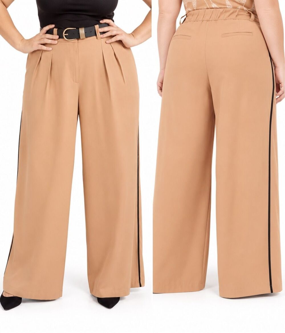Lane Bryant Plus Size 24 Tan Wide Leg Trousers Black Side Stripe Pants